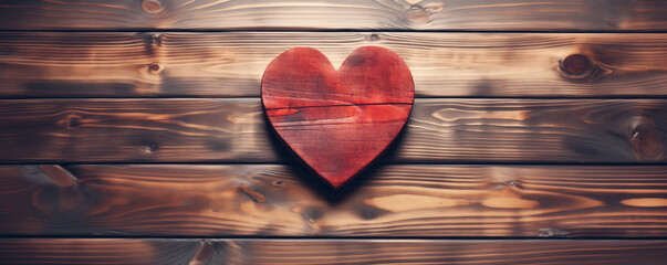 Wooden red heart lying on a hardwood background. Concept of the Valentine's Day.