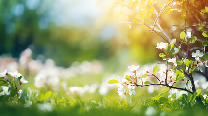 Beautiful blurred spring background nature with blooming glade, trees and blue sky on a sunny day