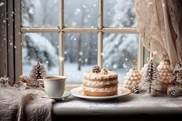 tasty christmas cake and cup of coffee in winter