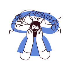 Mental disorders illustration. Frustrated man with nervous problem feel anxiety and confusion of thoughts. Male with anxiety touch head surrounded by thoughts. Black and white vector flat illustration