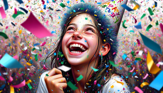 Happy Jewish teenager girl celebrating birthday, wearing a party hat and a burst of confetti around him. Generative AI.