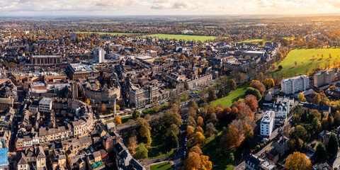 Aerial view of the Victorian architecture of Harrogate Town centre and The Stray public park