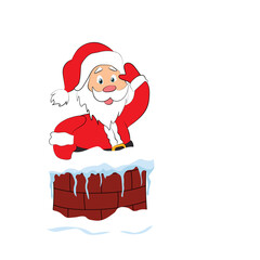 A Santa Claus smiling  as he heads down the chimney.