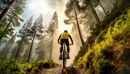 Back view of a mountain bike cyclist riding through the forest, on a narrow mountain trail, seen from below. In the background tall pine trees and sky with sun rays. - obrazy, fototapety, plakaty