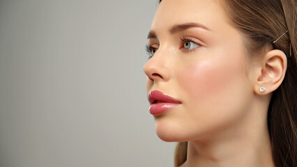 Naklejka premium Beautiful young girl looks at the camera after professional makeup. Model poses in front of the camera. An attractive girl with beautiful makeup. Close-up face of a white model with long hair.