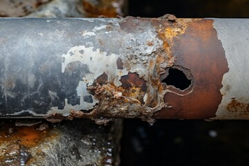 A very old damaged pipe, side view. Background with selective focus and copy space