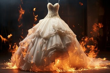 Burning wedding dress in the flames of the fire. Background with selective focus and copy space - obrazy, fototapety, plakaty