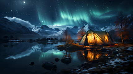 Tent in beautiful landscape during night