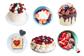 Set of isolated homemade desserts snacks and cakes with fresh berries. Toast, greek yogurt, ice cream and cake on colorful plates. Ideas for menu