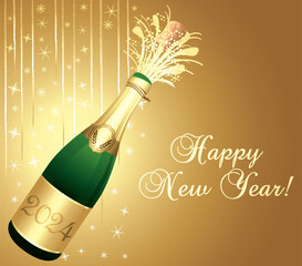 Gold Happy New Year 2024 Greeting card. Champaign bottle with cork explosion. Festive background. Vector illustration.