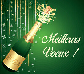 Meilleurs vœux. Bonne année 2024. Carte de vœux verte et or en français. Illustration vectorielle. Fond festif.