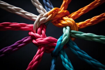 Different ropes are woven into a knot. Teamwork concept. Background with selective focus and copy space - obrazy, fototapety, plakaty