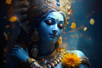 Krishna in Asian style. Religious concept with selective focus and copy space - obrazy, fototapety, plakaty