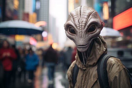 Alien or stranger on the street of the city. Portrait with selective focus and copy space