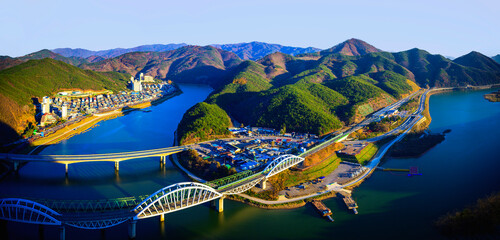 Danyang in South Korea Skyline, beautiful autumn aerial landscape, with curving Chungju Lake. Danyang is the most popular travel destination in Chungcheongbuk-do in Korean peninsula - obrazy, fototapety, plakaty