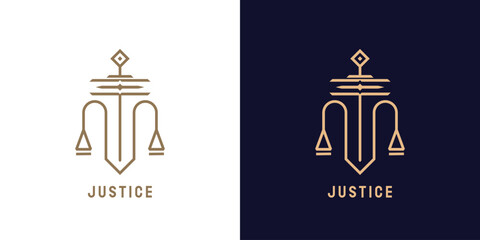 Sword of justice logo design illustration. Silhouette of a sword weighing justice law truth lawyer balance legislation firm pillar court. Simple geometric minimalist modern elegant flat icon concept.