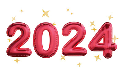 Red balloons in the form of the numbers 2024 with flying gold yellow stars. Happy New Year. Isolated 3D illustration on the white background 
