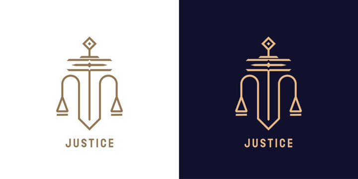 Sword of justice logo design illustration. Silhouette of a sword weighing justice law truth lawyer balance legislation firm pillar court. Simple geometric minimalist modern elegant flat icon concept.
