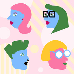 Illustration vector abstract faces of pink and blue people, informal, gay, bright colors.