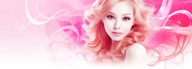 Tuinposter Colorful banner with beautiful asian woman with pink makeup and long wavy hair. Hair salon beauty shop banner template. Cosmetics fashion concept © olindana