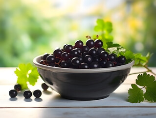 Black currant berries in a black bowl on a table, blurry background