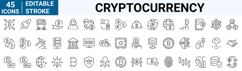 Set of 45 Cryptocurrency economy web icons collection. Blockchain package. Bitcoin, NFT, Vector illustration. Outline icon. Editable stroke.