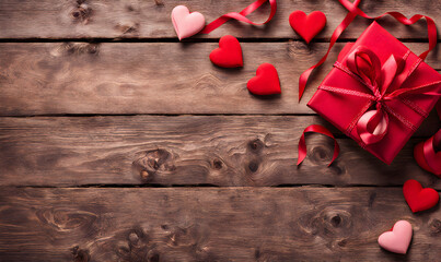 Hearts on a wooden table, a romantic Valentine's Day