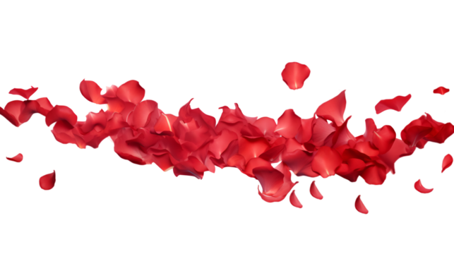 a falling or flying red rose flower petals isolated on a transparent background, Valentine's Backdrop