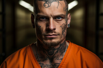 Obraz premium Generative AI portrait of criminal person trapped jailed wearing orange prison uniform