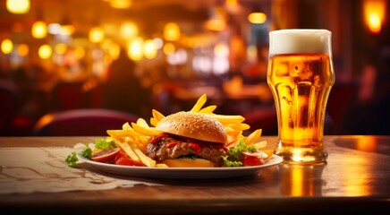 Tasty hamburger, french fries and glass of light beer on the table on the blurred background of restaurant. - obrazy, fototapety, plakaty