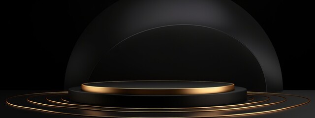 Gold black podium background 3D golden product line stage dark platform wave display. Design podium black luxury gold light scene pedestal presentation showcase event beauty shine object cosmetic sale