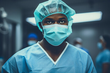 Professional emergency worker doctor medic wearing sterile uniform before operation Generative AI