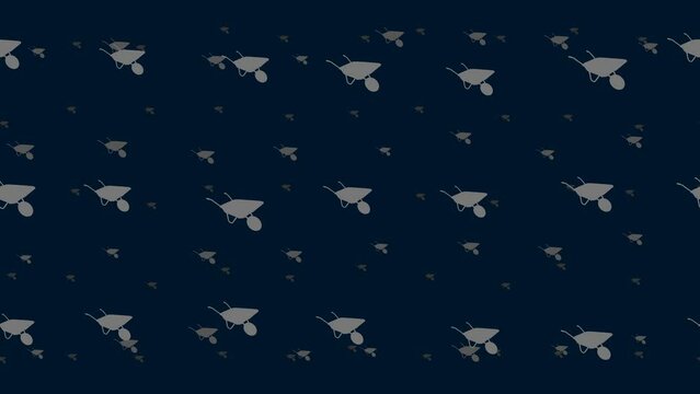 Garden carts float horizontally from left to right. Parallax fly effect. Floating symbols are located randomly. Seamless looped 4k animation on dark blue background