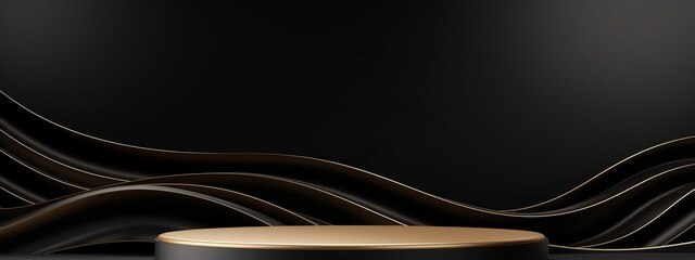 Gold black podium background 3D golden product line stage dark platform wave display. Design podium...
