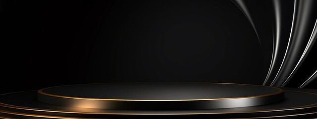 Gold black podium background 3D golden product line stage dark platform wave display. Design podium black luxury gold light scene pedestal presentation showcase event beauty shine object cosmetic sale