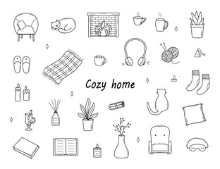 Cozy home set of doodle cartoon icons. Vector illustration elements of home accessories, comfort and everyday life. - obrazy, fototapety, plakaty