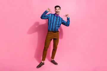Full length photo of young positive attractive guy pointing fingers himself advertisement retro style isolated on pink color background