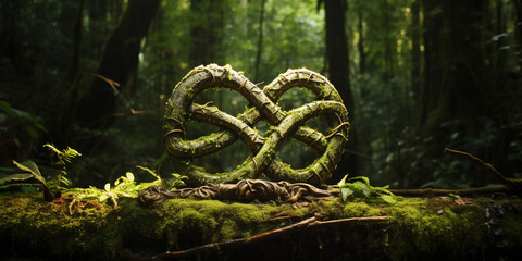 Abstract icon representing the ecological call to recycle and reuse in the form of a moss with a infinity infinite symbol in the middle of a beautiful untouched jungle or forest. 3d rendering - obrazy, fototapety, plakaty
