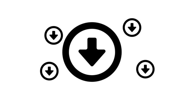 Zoom in and out animation the download symbol. Large black symbol in the center and four small symbols around. Seamless looped 4k animation on white background