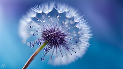 Beautiful dew drops on a dandelion seed macro. Beautiful soft light blue and violet background. Water drops on a parachutes dandelion on a beautiful blue. Soft dreamy tender artistic image form. - Powered by Adobe