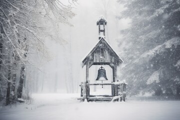 A lone church bell blanketed in snow serves as a symbol of hope on a tranquil Christmas Eve