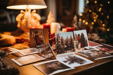 An Array of Heartwarming Christmas Postcards Adorning a Cozy Family Mantel - obrazy, fototapety, plakaty