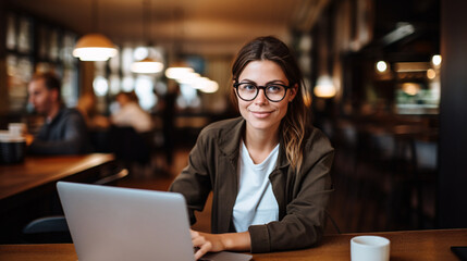 Obraz premium Beautiful young woman working on a laptop in a cafe, young woman wearing glasses working in a cafe