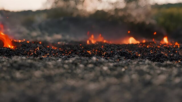 Closeup view tiny, glowing embers tered across blackened field, creating ominous contrast against thick curtains smoke above.