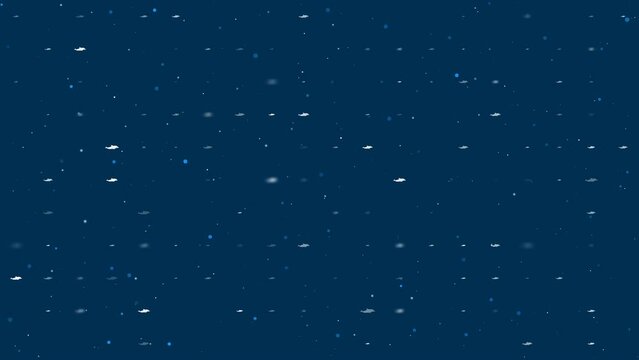 Template animation of evenly spaced dolphin symbols of different sizes and opacity. Animation of transparency and size. Seamless looped 4k animation on dark blue background with stars