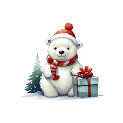 Illustration of a happy and cheerful christmas icebear with present