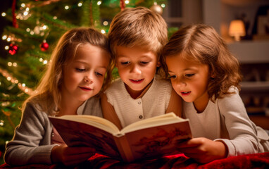 Three children read a Christmas storybook