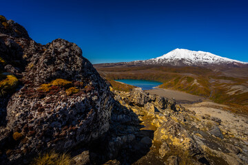 Photos of  volcano Mount Ruapehu and Tama lake in front in New Zealand.