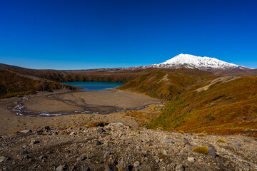 Photos of  volcano Mount Ruapehu and Tama lake in front in New Zealand.