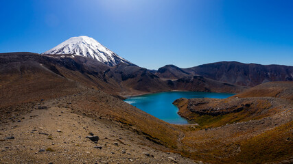 Photos of  volcano Mt.Ngauruhoe and its lakes in New Zealand.